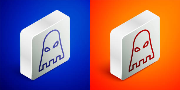 Isometric line Executioner mask icon isolated on blue and orange background. Hangman, torturer, executor, tormentor, butcher, headsman icon. Silver square button. Vector Isometric line Executioner mask icon isolated on blue and orange background. Hangman, torturer, executor, tormentor, butcher, headsman icon. Silver square button. Vector. medieval torture drawings stock illustrations