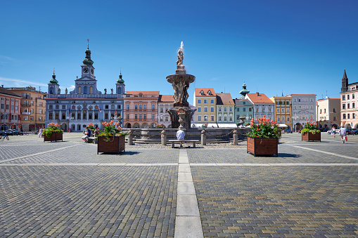 Cesky Budejovice, Czechia, 8-20-2020: \nPhotograph of Premysl Otakar II square and life in the city of Cesky Budejovice during the summer of 2020