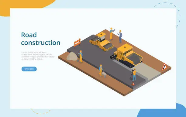Vector illustration of Road Construction And Street Repair Concept. Male Characters Wearing Helmets Doing Road Construction With Yellow Asphalt Compactor. Road Under Construction. Colorful 3d Isometric Vector Illustration