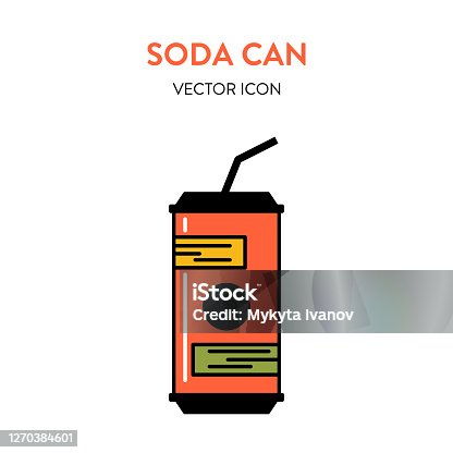 istock Soda can icon. Vector colorful icon of a bright retro style soda can with a straw in it. Simple hand drawn flat illustration of a bottle of fizzy drink 1270384601