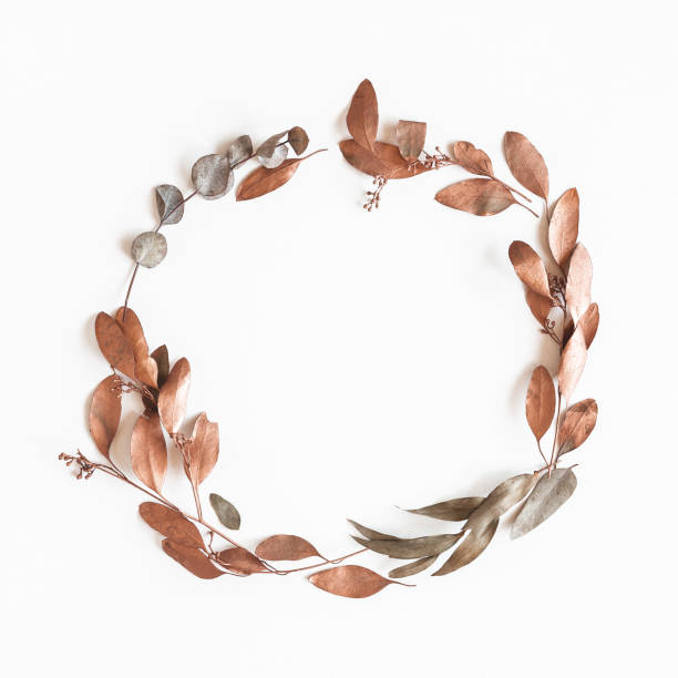 istock Autumn composition. Wreath made of eucalyptus leaves on white background. Autumn, fall concept. Flat lay, top view 1270384639