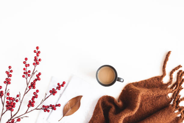 istock Autumn composition. Cup of coffee, plaid on white background. Autumn, fall concept. Flat lay, top view 1270384676