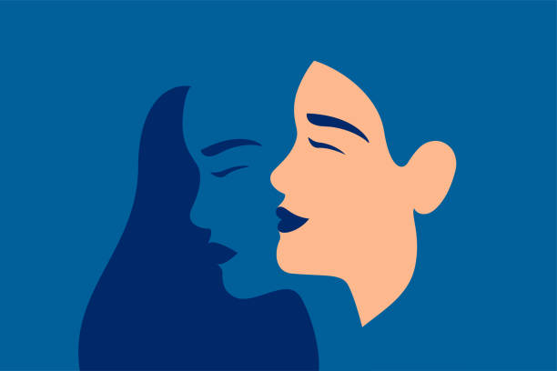 Young woman suffering from bipolar disorder, psychological diseases, schizophrenia. Young woman suffering from bipolar disorder, psychological diseases, schizophrenia. Happy young woman with and her ghostly sad twin behind. Concept of Bipolar disorder. Flat vector illustration. hopelessness stock illustrations
