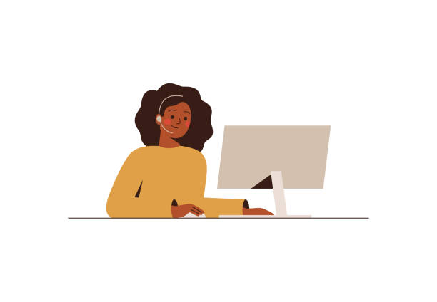 콜센터 또는 지원 부서의 컴퓨터에서 헤드셋을 장착한 흑인 여성이 작업 중입니다. - call center stock illustrations