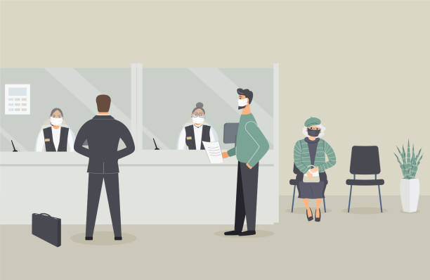 Bank office is open during epidemic of virus Bank office is open during epidemic of virus.Employees in protective medical mask behind counter serve customers.Clients stand in hall near cash register window and talk to clerks.Vector illustration exchange teller stock illustrations
