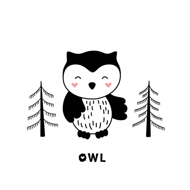 Owl for children in scandinavian style. Postcard of forest animals with the inscription. Owl for children in scandinavian style. Postcard of forest animals with the inscription. Black-white vector illustration. background of a owl black and white stock illustrations