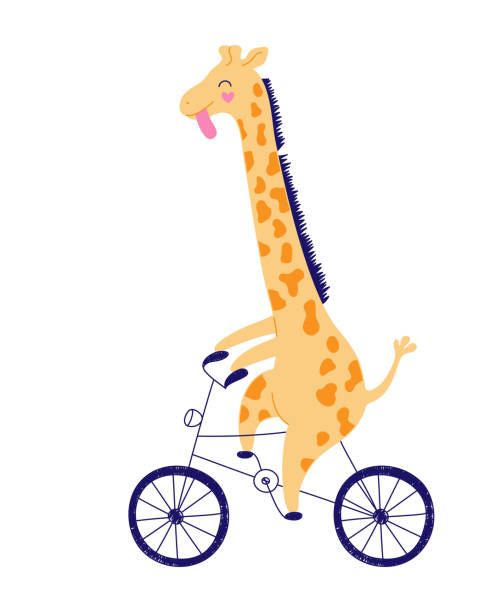 Cheerful yellow giraffe is racing on a bicycle. Hand-drawn illustration, child character on a white background. Cheerful yellow giraffe is racing on a bicycle. Hand-drawn illustration, child character on a white background. extreem weer stock illustrations