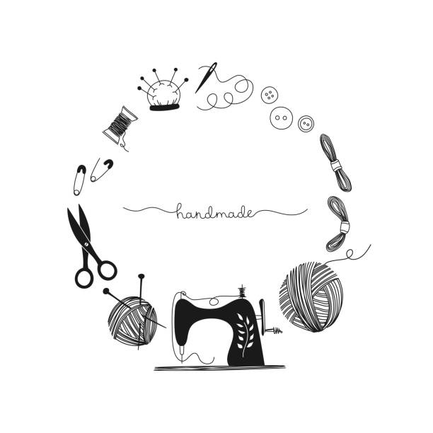 ilustrações de stock, clip art, desenhos animados e ícones de frame hand drawn needlework concept, sewing machine, vintage, seamstress, handmade. black-white illustration. - thread tailor art sewing
