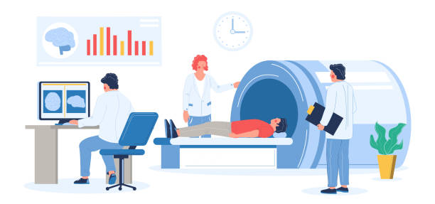 클리닉에서 mri 시험 절차. 의사, 의사의 머리 mri 스캔을하고 의료 전문가, 평면 벡터 일러스트. - doctor vector radiologist characters stock illustrations