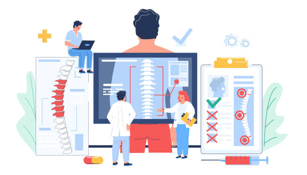 Osteopathy session and treatment. Doctors examining scan of patient spine, flat vector illustration. Osteopathy session and treatment. Tiny doctor characters examining scan of patient spine, flat vector illustration. Man having bone desease. Osteopathic medicine. back illustrations stock illustrations