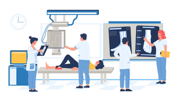 medizinischer röntgentest von beinknochenfraktur, verletzung im krankenhauszimmer, flache vektor-illustration. - scientific imaging technique illustrations stock-grafiken, -clipart, -cartoons und -symbole