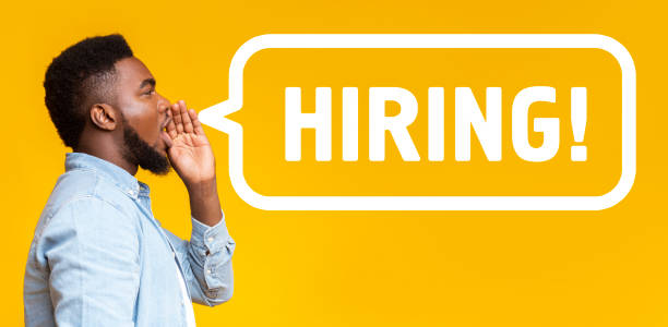 African American guy making announcement HIRING over yellow background, collage African American guy making announcement HIRING over yellow background, collage. Panorama help wanted sign photos stock pictures, royalty-free photos & images