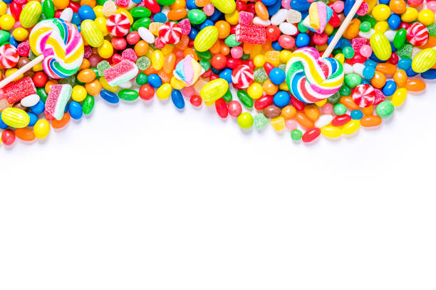istock Assortment of multicolored candies with copy space on white background 1270389584