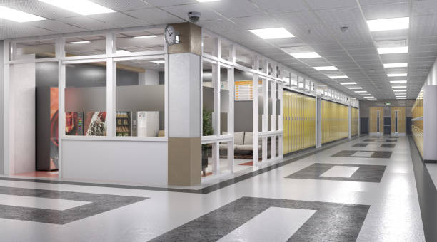 istock Long school corridor with yellow lockers , 3d illustration 1270391258