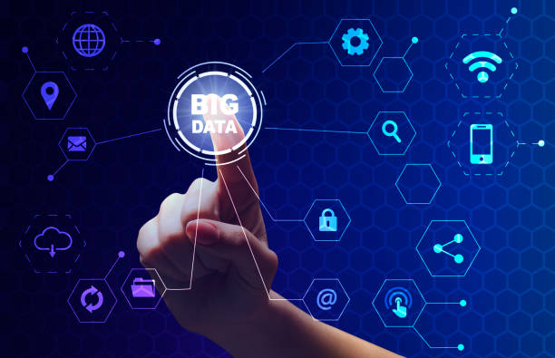 istock Female hand choosing Big data button on digital screen with different icons 1270392384