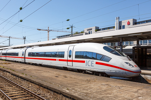 Stuttgart, Germany - April 22, 2020: ICE 3 train at Stuttgart main station railway in Germany.