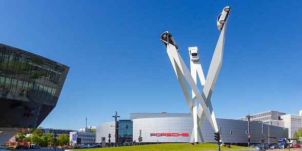 Stuttgart, Germany - April 22, 2020: Porsche Museum art architecture panorama in Stuttgart Zuffenhausen Germany.