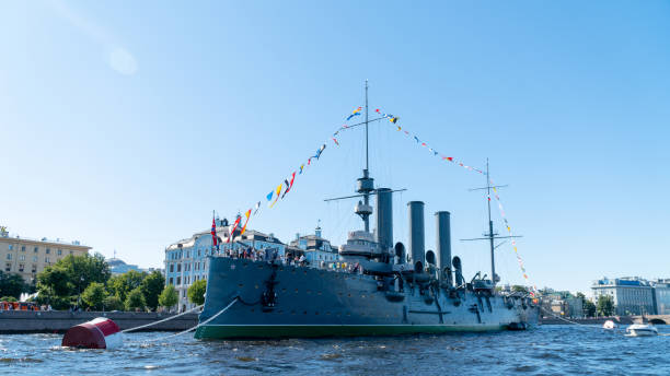 Historical cruiser "Aurora" on the Neva River stock photo