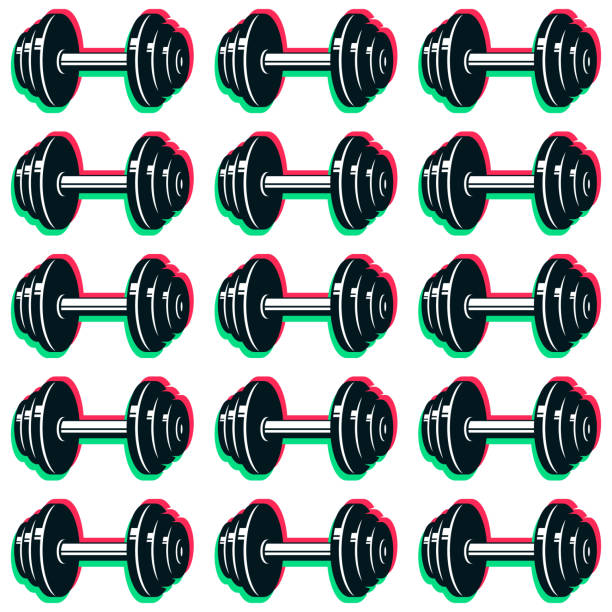 Dumbbells seamless pattern Dumbbells seamless pattern. Illustration with glitch distortion effect. Design for textiles, backgrounds, wrapping paper gym backgrounds stock illustrations