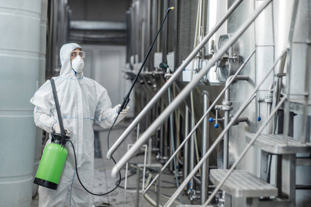 istock Factory worker in protective suit with spray bags disinfects plant 1270395284