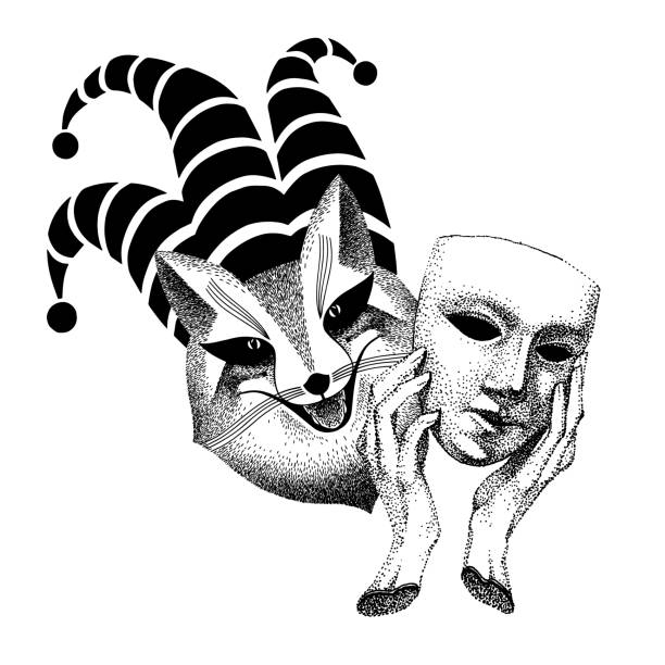 Hypocrite, trickster. The fox is hiding behind a mask. anthropomorphic animal, rogue, mischievous. Hearth Fox player. Joker is an evil trickster. Hypocrite, trickster. The fox is hiding behind a mask. anthropomorphic animal, rogue, mischievous. Hearth Fox player. black and white handmade illustration. Joker is an evil trickster. pics of a dodgers stock illustrations
