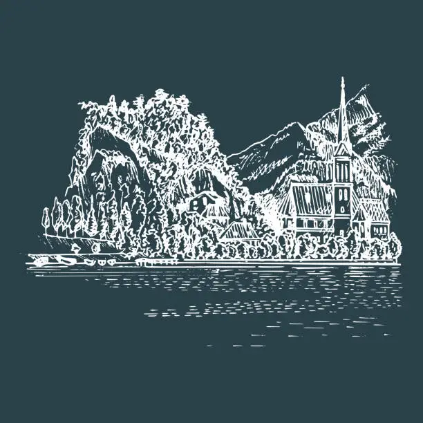 Vector illustration of Hand drawn illustration of church on mountain lake