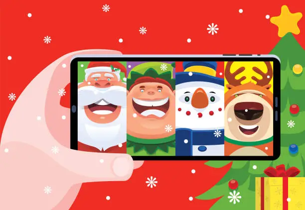 Vector illustration of video chatting with Santa Claus and friends