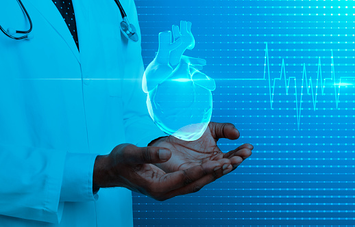 Heart health concept. Black medical doctor hands holding human heart and , cardiogram, cropped, empty space, collage