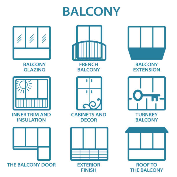 festlegen verschiedener arten von balkonen in vektoren - balkon stock-grafiken, -clipart, -cartoons und -symbole