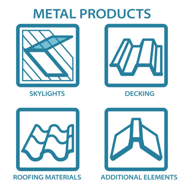 ilustraciones, imágenes clip art, dibujos animados e iconos de stock de productos metálicos para el hogar. conjunto de iconos - roof tile roof textured red