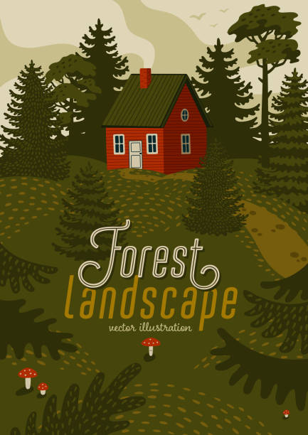 ilustraciones, imágenes clip art, dibujos animados e iconos de stock de paisaje forestal. paisaje de madera con cabaña roja - guardabosque trabajador de fincas