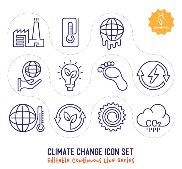Climate Change Editable Continuous Line Icon Pack Climate change vector icons set for logo, emblem or symbol use. This collection is part of single line minimalist drawing series with editable strokes. co2 drawings stock illustrations
