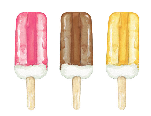 meyve buz sır lolly dondurma ile suluboya seti - meyveli buz illüstrasyonlar stock illustrations