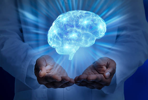 Brain disease concept. Cropped of black doctor in white holding lightened human brain, collage