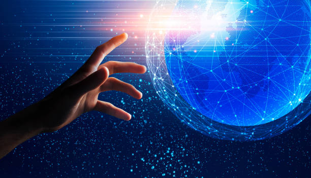 istock Global Connections And Network. Hand reaching world globe hologram with polygonal dots 1270410277