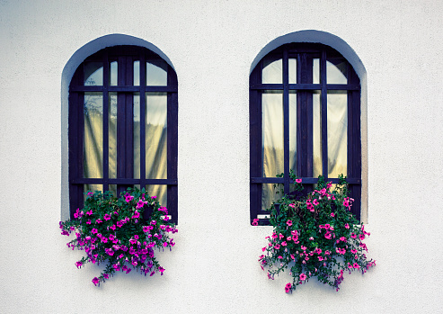 Traditional Serbian house windows decorated with petunia flowers