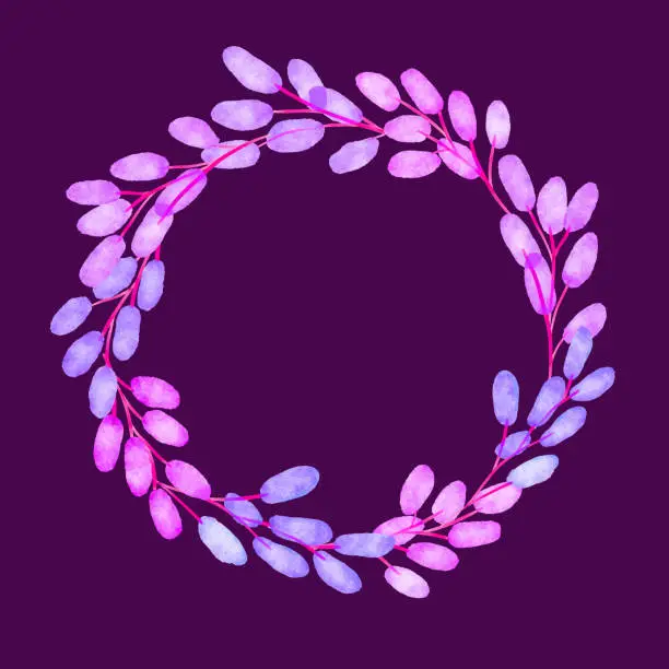 Vector illustration of Blue and Purple Berries Wreath Background. Hand Painted Layered Watercolor Flowers Clip Art. Watercolor Floral Pattern. Design Element for Greeting Cards and Wedding, Birthday and other Holiday and Summer Invitation Cards Background.