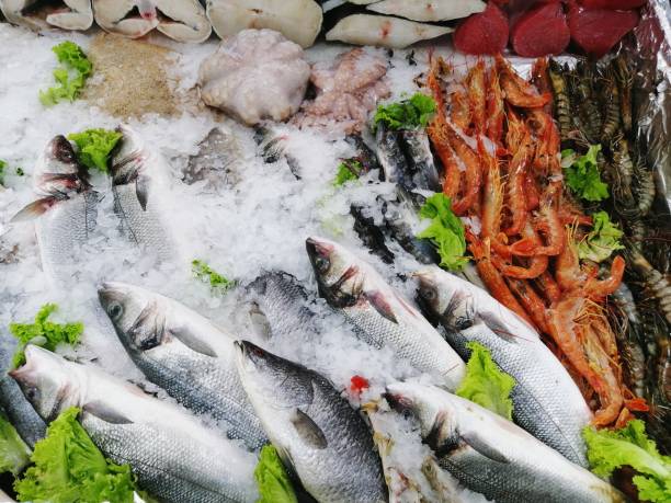 istock Seafood on the window of a fish store 1270414437