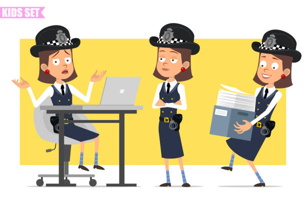 cartoon lustige britische polizist mädchen charakter set - computer icon symbol police handcuffs stock-grafiken, -clipart, -cartoons und -symbole