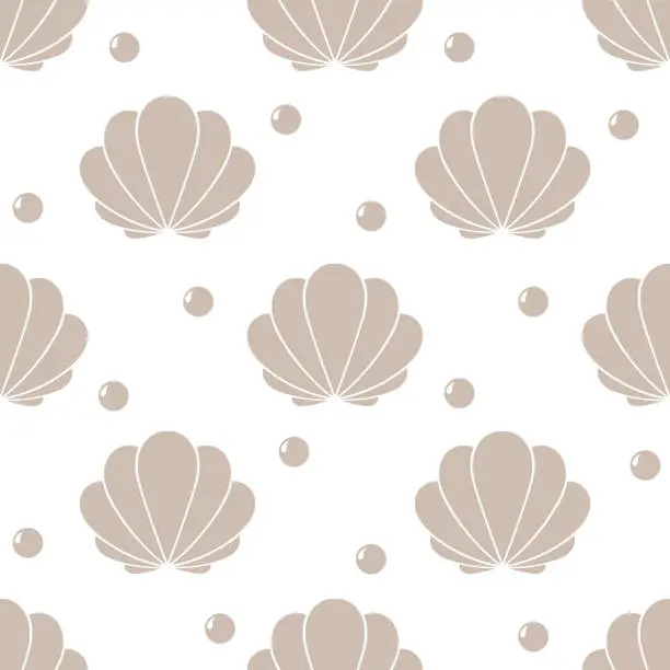 Vector illustration of Sea shells and pearls seamless pattern.