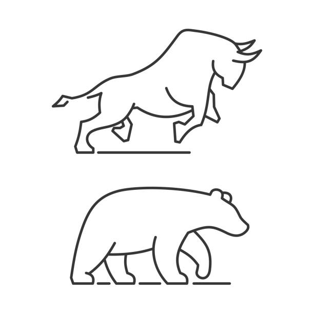 illustrazioni stock, clip art, cartoni animati e icone di tendenza di icone dell'orso e del toro impostate su sfondo bianco. vettore - stock market bull bull market bear