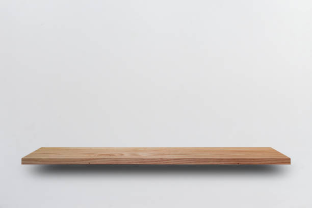 istock Front view empty wooden shelf and grey wall. Design concept 1270422846