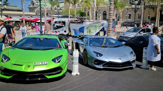Monte-Carlo, Monaco - August 8, 2020: Lamborghini Aventador And Lamborghini Huracan, Two Luxurious Supercars Parked On The Casino Square In Monte-Carlo, Monaco, Europe