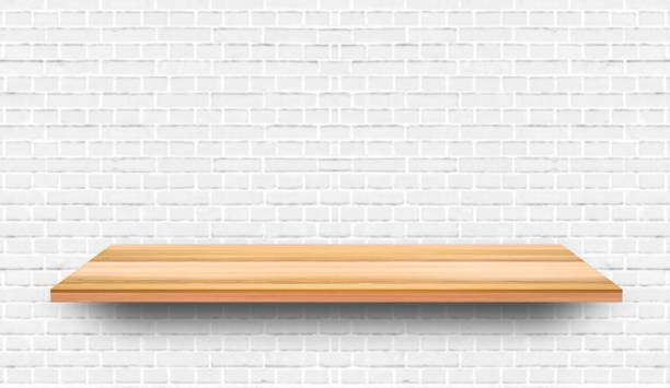 istock Empty wood plank shelf at white brick wall pattern background. Design for product display, mockup, advertise, banner, or montage 1270423185