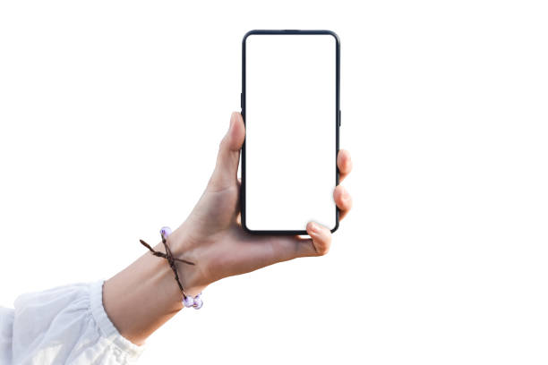 istock Female hand holding black cellphone with white screen at isolated on white background. 1270423242