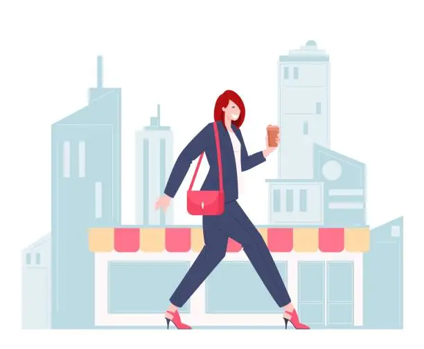 Vector illustration of female worker walking through the city