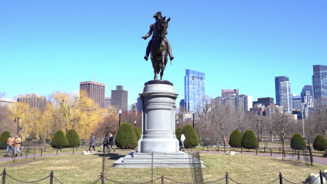 Panning shot George Washington Statue at Boston Common Park, MA USA.