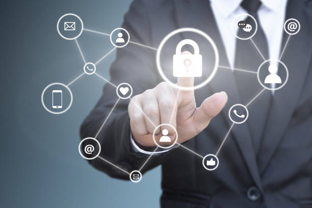istock Businessman hand pressing lock icon on virtual screen for social network connection. Concept of personal data security. 1270426548