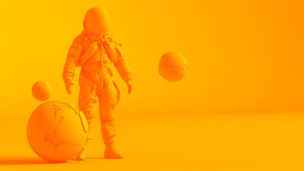개념 입체 이미지. 낮은 폴리 지구와 우주 비행사 모델은 오렌지 배경에 고립. - 노랑 일러스트 뉴스 사진 이미지
