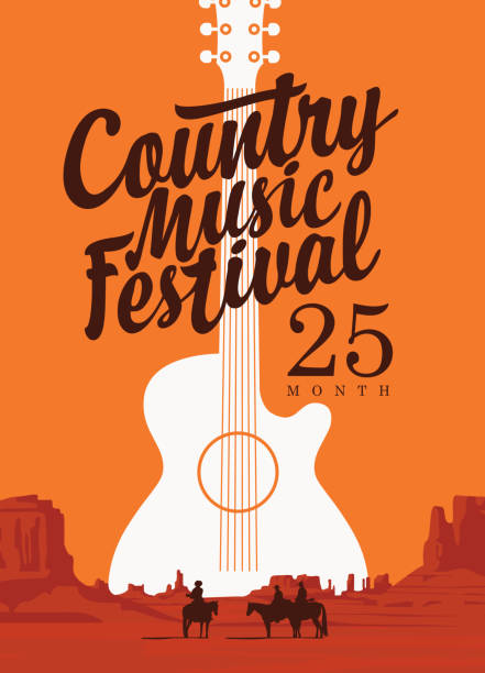 poster for country music festival with a guitar Poster for a country music festival with a guitar and inscription on the background of western landscape. Vector flyer, banner, invitation on the theme of the Wild West with American prairies country and western stock illustrations